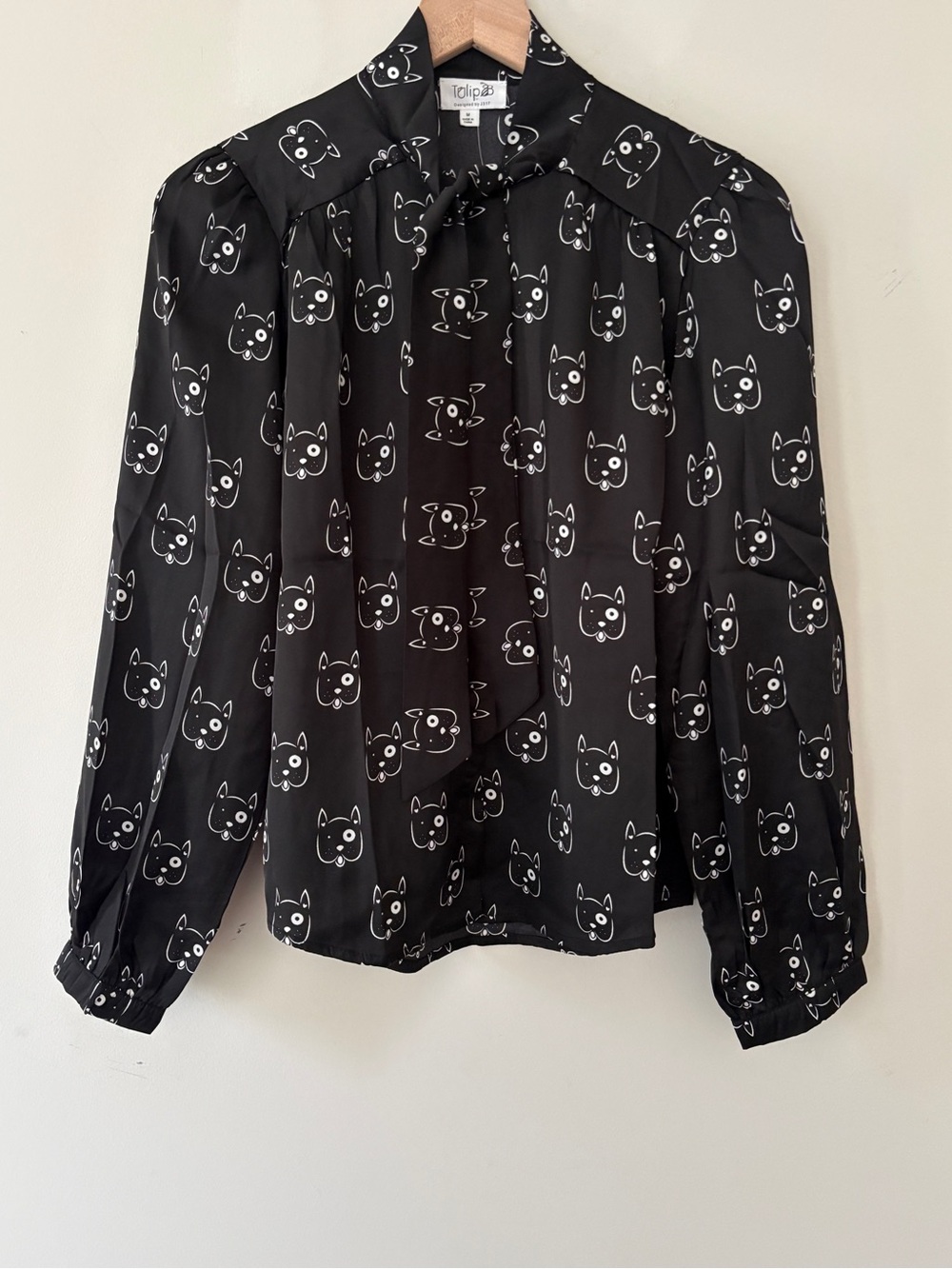 Tulip B Black Cat Print Tie-Neck Blouse